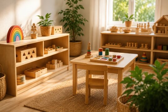 Salle de jeux Montessori lumineuse avec jouets en bois