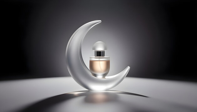 Luxury crescent moon perfume bottle mockup with elegant silver design on dark minimalist background.