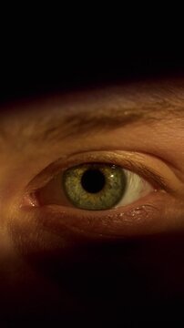 Vertical close up shot of green eye opening and looking at camera accentuated by light and shadows, social media story format