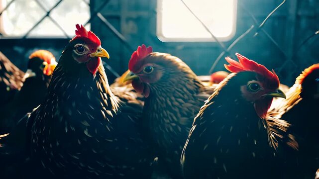 Group of brown chickens with red combs and wattles gathered closely together inside a dimly lit barn, sunlight streaming through a window in the background