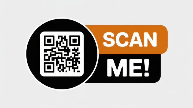 QR code with 'Scan Me!' text on orange and black label, isolated on solid light grey background