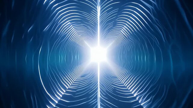 Abstract visual representation of a glowing light source at the center of a tunnel, showcasing dynamic wave patterns and a vibrant blue color scheme throughout the frames