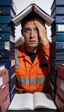 Stacks of ring binders surrounding a stressed man in high-visibility workwear for facility management, workload awareness and industrial mental health campaigns