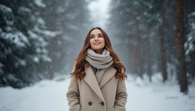 Young woman in a beige coat and scarf looking up during a snowy winter day with portrait outdoors seasonal snowflakes lifestyle tranquil peaceful clothing outerwear beautiful caucasian.