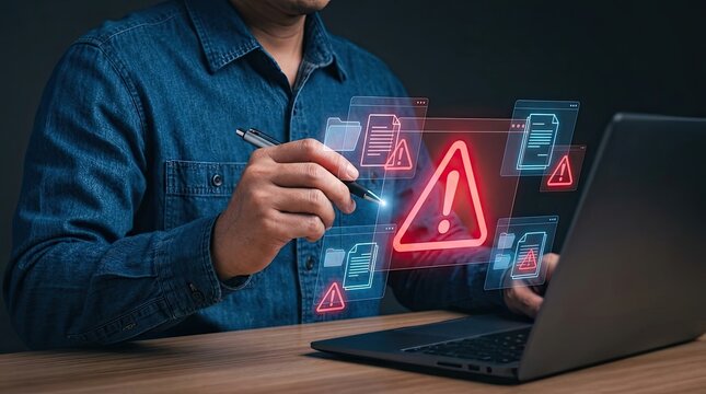 Cybersecurity Alert Warning Notification Concept with Digital Interface.