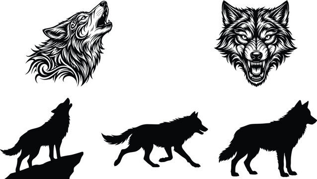 Wolf illustrations and silhouettes set howling running standing poses and detailed head artwork isolated wildlife collection