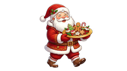 Fototapeta premium Cheerful santa claus holding a tray of festive holiday cookies and gingerbread men isolated on transparent background
