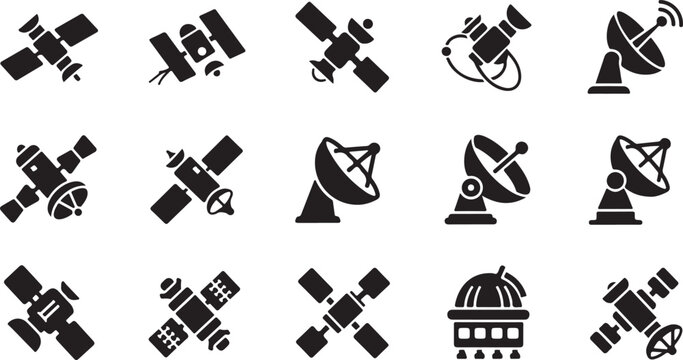 Satellite, Space, Astronomy Icons, Black Vector Set of 13