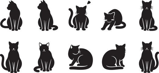 Black cat silhouettes, feline icons, kitty graphics, animal shapes © fksamia