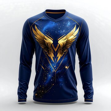 Blue hoodie with gold embroidered eagle design.