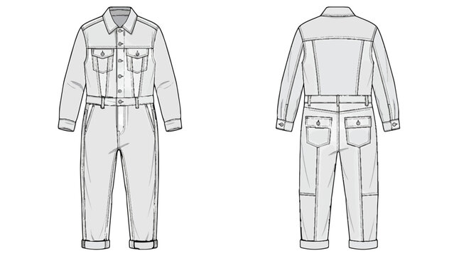 Industrial Denim Utility Jumpsuit Technical Vector for Workwear Apparel Design, Fashion Blueprint and Garment Production Sheet