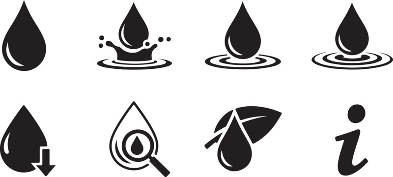Water Drop Icons, Black Vector Set, 8 Elements, Waterdrop Symbols