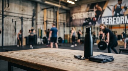 Fototapeta premium Wooden table surface with fitness flask over blurred crossfit gym