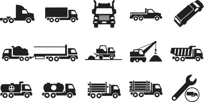 Black truck, construction vehicle, industrial transport icons, 16 symbol set