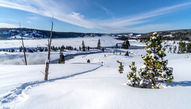 A serene snowy landscape with trees and a vast frozen terrain