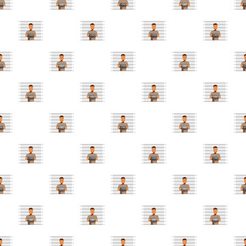 Cartoon drawing of a male suspect pose for a police mugshot, creating a seamless pattern