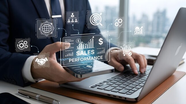 Businessman analyzing sales performance data on laptop with digital interface and graphs floating above