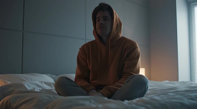 Young man sitting on a bed in a dimly lit room.