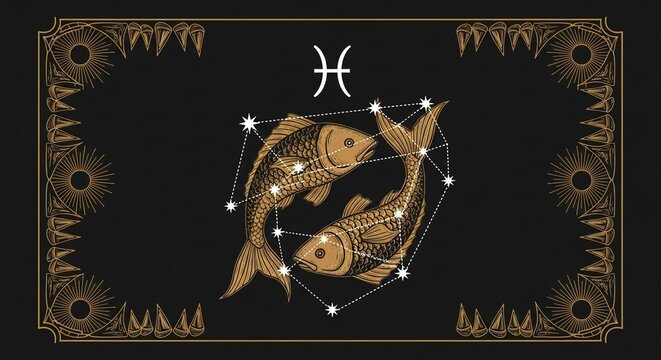 Intricate gold ink drawing of two fish representing the pisces zodiac sign constellation surrounded by a decorative ornate border frame on a dark black background