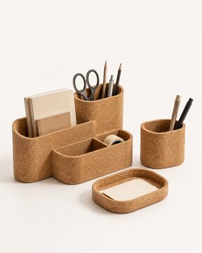 Organiseurs de bureau en li&egrave;ge avec carnets, crayons et accessoires minimalistes