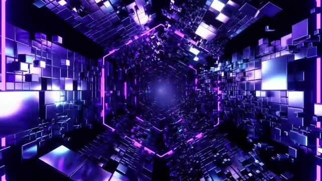 A fast-paced immersive flight through a futuristic digital tunnel made of glowing purple hexagonal frames and floating blue metallic cubes.