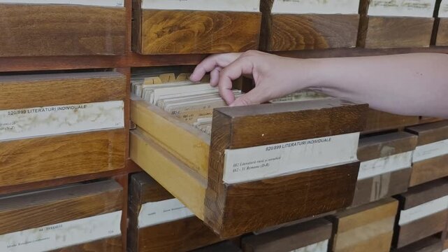 Woman's hand searching through index cards in a wooden library drawer. Vintage archives, research, rustic textures, and close-up detail.