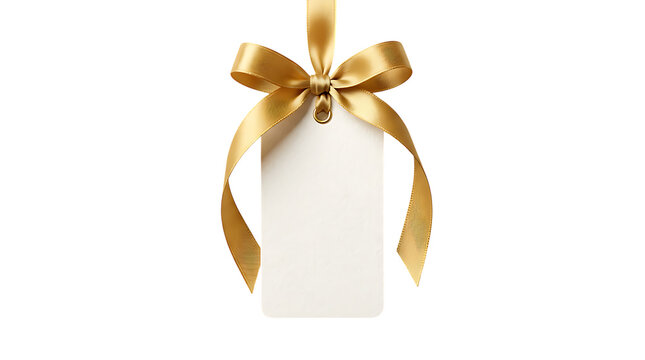 Elegant gold ribbon tied in a bow on a blank white gift tag or label isolated on transparent background