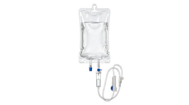Iv fluid bag with tubing and medical equipment on transparent background