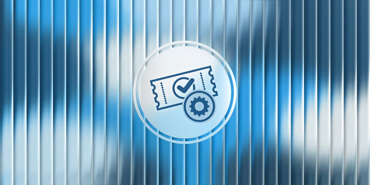 Abstract glassmorphism icon featuring a ticket with a check mark and a gear symbol representing optimized service settings and automated ticketing configuration concept