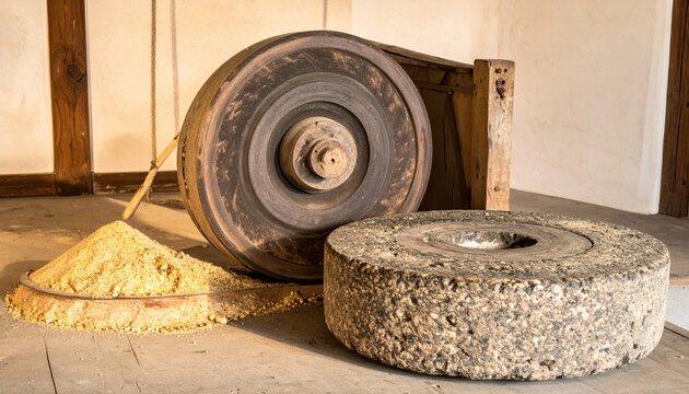 Vintage millstones processing grain into flour with crushed grain powder nearby