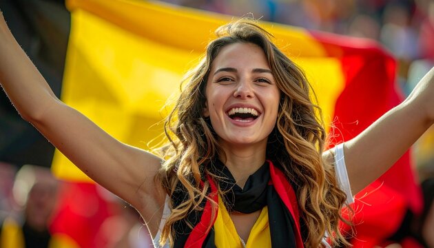 Soccer supporter cheering with flag of Belgium at the World Cup