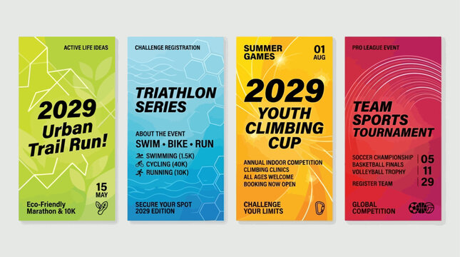 2029 Event Posters Featuring Urban Trail Run, Triathlon Series, Youth Climbing Cup, and Team Sports Tournament