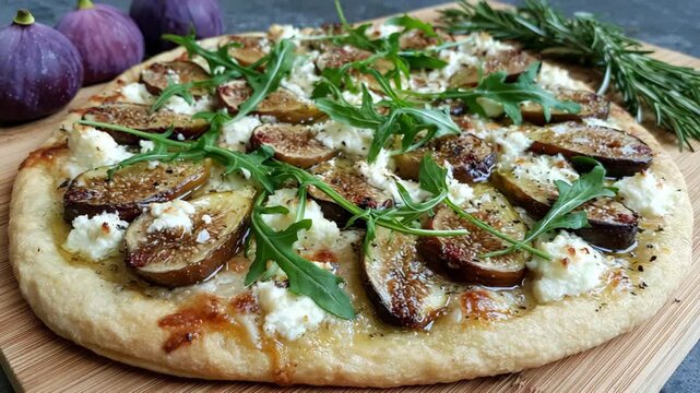 Fig fruit thin crust pizza served on a rustic kitchen table, featuring a gourmet blend of sweet and savory flavors, artisanal preparation, and inviting homemade dining atmosphere.