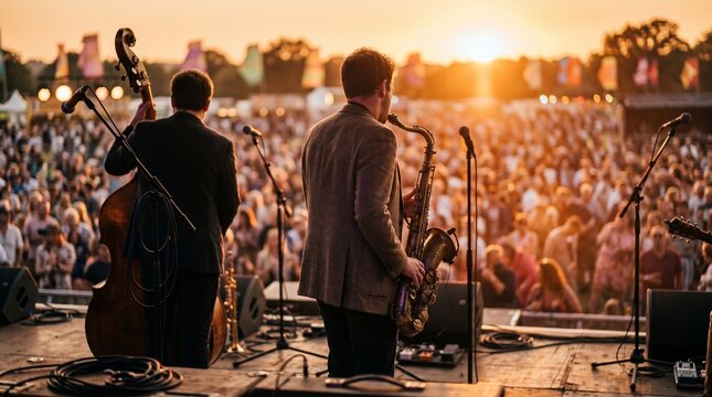 Musicians performing on outdoor stage at sunset before large crowd