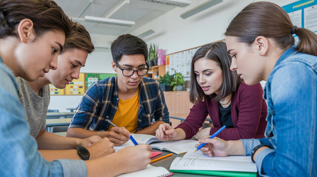 Diverse students collaborating on project in classroom