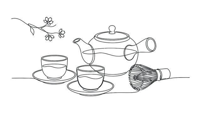 Continuous line drawing of a Japanese matcha tea set with a teapot and tea bowls.