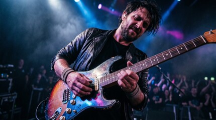 Naklejka premium Musician playing electric guitar on stage with enthusiastic audience and vibrant lights