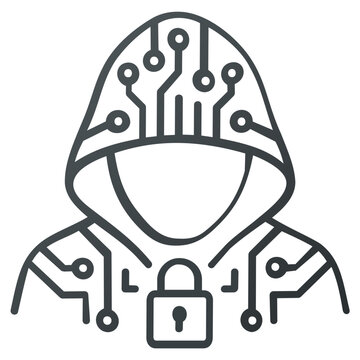 Cyber security hacker hooded profile line icon illustration. Digital data protection and privacy concept featuring a circuit board pattern on the hood. Vector graphic for technology and coding.