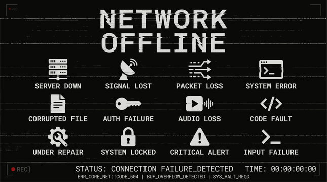 Critical Network Offline Status Screen Displaying System Errors, Data Failure, and Connection Issues with a Glitch Effect on a Dark Digital Background