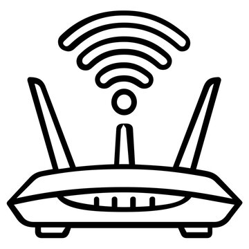 Home broadband router with dual antennas emitting Wi-Fi waves, a minimalist line art vector icon for high-speed internet access, networking hardware, and wireless digital communication solutions.