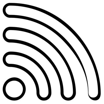 Curved broadcast wave signal icon in minimalist line style, representing wireless web feeds, online subscription streams, news aggregation, digital radio transmission, and mobile network connectivity.
