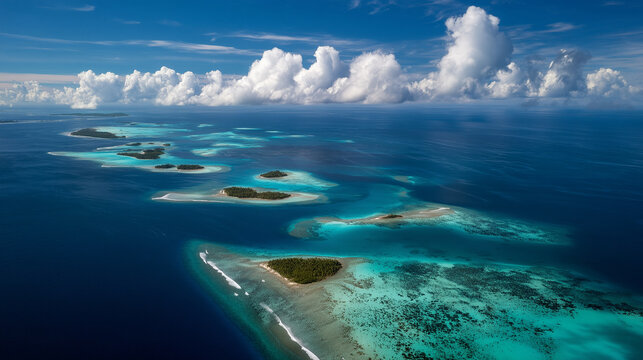 Aerial view of tropical islands surrounded by turquoise lagoon and deep blue ocean, coral reefs and white clouds, remote paradise travel destination, realistic nature stock photogr
