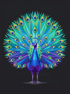Majestic peacock featuring vibrant geometric shapes and intricate patterns displayed in a symmetrical composition with brilliant shades of turquoise blue green and yellow isolated against a dark charc