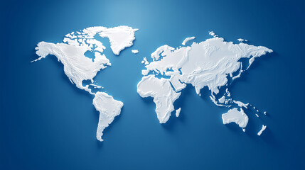 Naklejka premium Minimal white world map on deep blue background, international business strategy, global market analysis, worldwide logistics, digital transformation, travel network and corporate