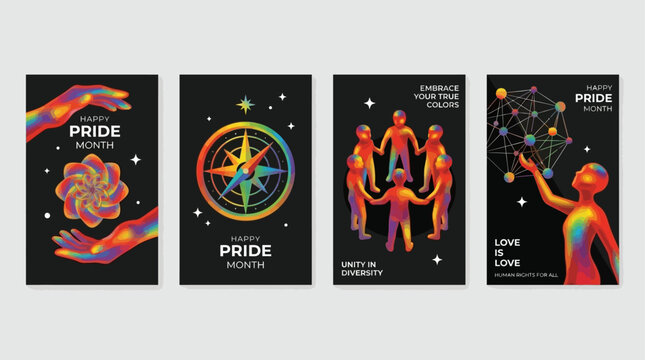 Vibrant Rainbow Artworks Celebrating Pride Month with Diverse Imagery of Unity, Love, and Community