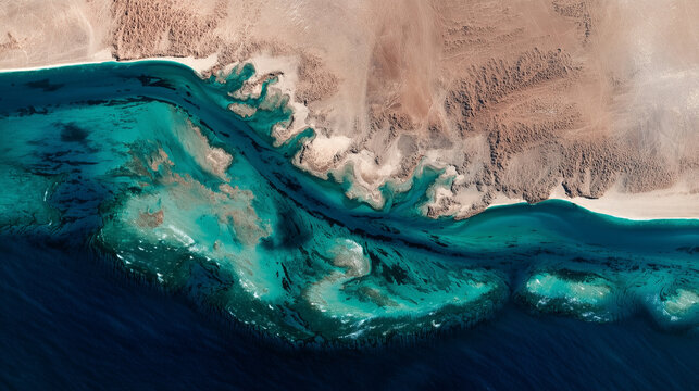 Remote desert coast from above with turquoise reefs and deep ocean channels, satellite-style marine landscape, abstract natural shoreline pattern, realistic editorial earth photogr