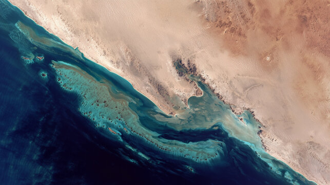 Remote desert coast from above with turquoise reefs and deep ocean channels, satellite-style marine landscape, abstract natural shoreline pattern, realistic editorial earth photogr