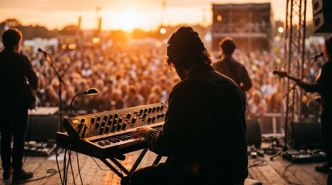 Musician plays keyboard on outdoor stage at sunset before large crowd audience