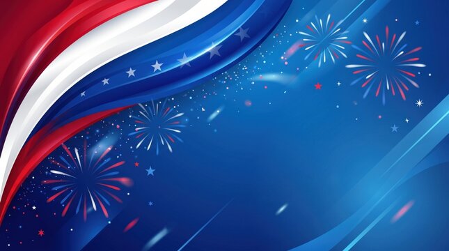 Abstract Patriotic USA Background with Stylized Waving Flag Fireworks and Sparkling Stars for 4th of July National Celebration