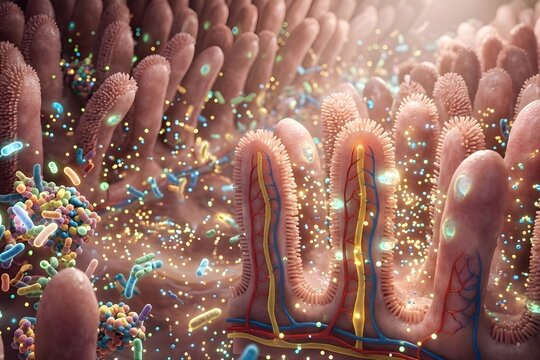 Gut microbiome and intestinal villi, 3d illustration of human gut bacteria, digestive system and microflora animation style